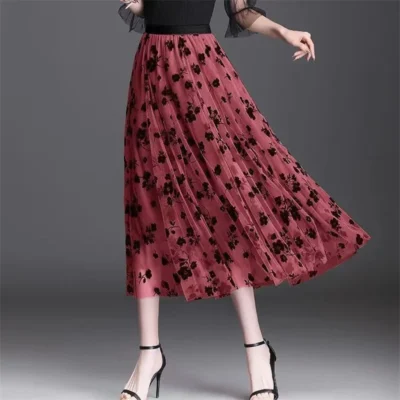 Mesh Floral Skirt For Women 2023 Autumn Winter Lace Flocking Big Swing Elastic High Waisted Fashion Elegant Mujer Party A-Line 5