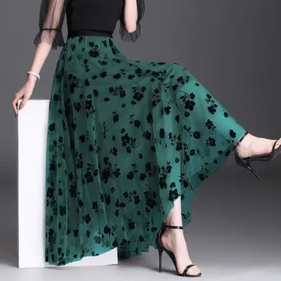 Mesh Floral Skirt For Women 2023 Autumn Winter Lace Flocking Big Swing Elastic High Waisted Fashion Elegant Mujer Party A-Line 6