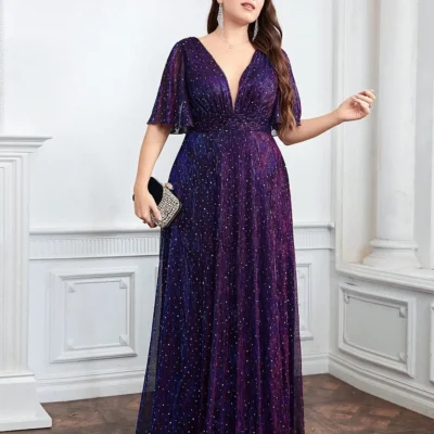 Wedding Bridesmaid Dress For Plus Size Female Fashion Plunging Neck Butterfly Sleeve Glitter Party Dresses Large Size Lady Dress 1