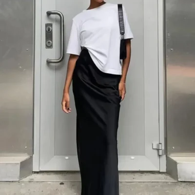 Women's Black Elegant Satin Fashion Slim Skirts Four Seasons Casual High Waist Club Office Maxi Skirt 3