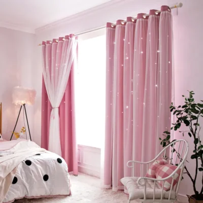 Double Layers Romantic Sheer Kids Children Girls Curtains With Hollow Out Stars For Living Room Bedroom Windows Drapes 2