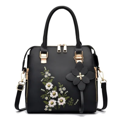 Floral Detail Shoulder Bag, Trendy Zipper Handbag For Work, Casual Crossbody Bag, Women's Floral Decor Purse 4