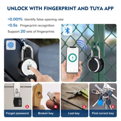 Tuya Smart Padlock Biometric Fingerprint Lock Waterproof Electronic Locks Smart Life APP Keyless Unlock Home Security Protection 3