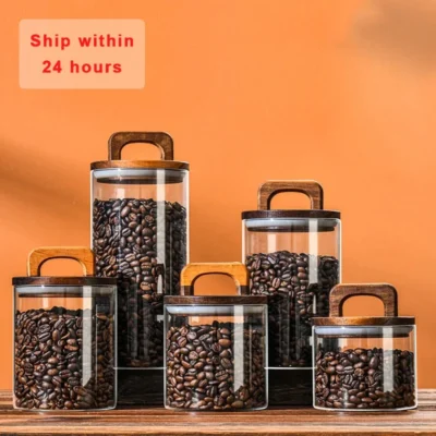 Wood Lid Glass jar Airtight Canister Food Container Tea Coffee Beans Kitchen Storage Bottles Jar Sealed Grounds Candy Jar 1