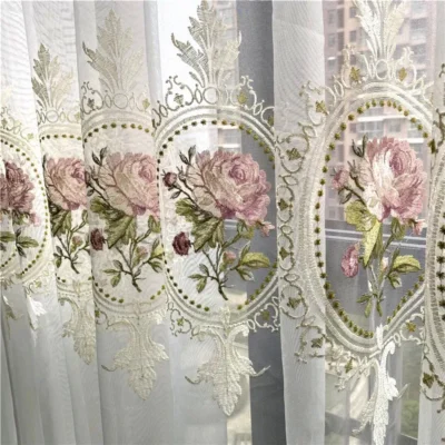 American Luxury Peony Embroidery Tulle Curtain For Living Room European Elegant Flower Embroidery Sheer Voile Drapes For Bedroom 1
