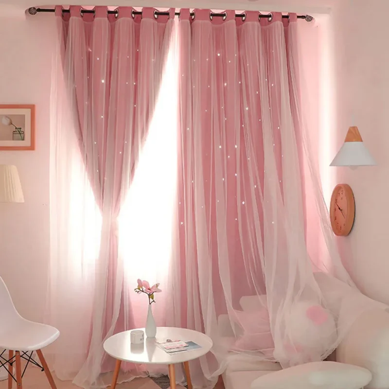 Double Layers Romantic Sheer Kids Children Girls Curtains With Hollow Out Stars For Living Room Bedroom Windows Drapes 1