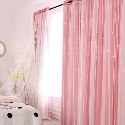 Double Layers Romantic Sheer Kids Children Girls Curtains With Hollow Out Stars For Living Room Bedroom Windows Drapes 3