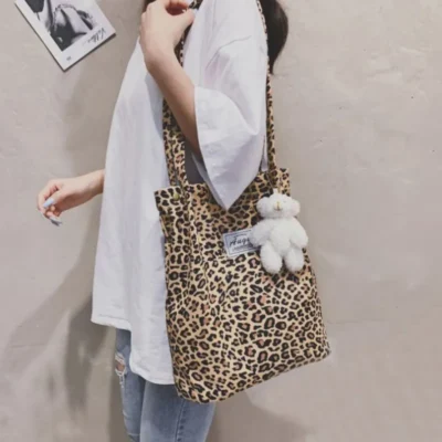 Korean Chic Big Casual Tote Bag Leopard Shoulder Bag Ladies Canvas Bag New Shopping Bag Student Print Handbag Bolsa Mujer 4